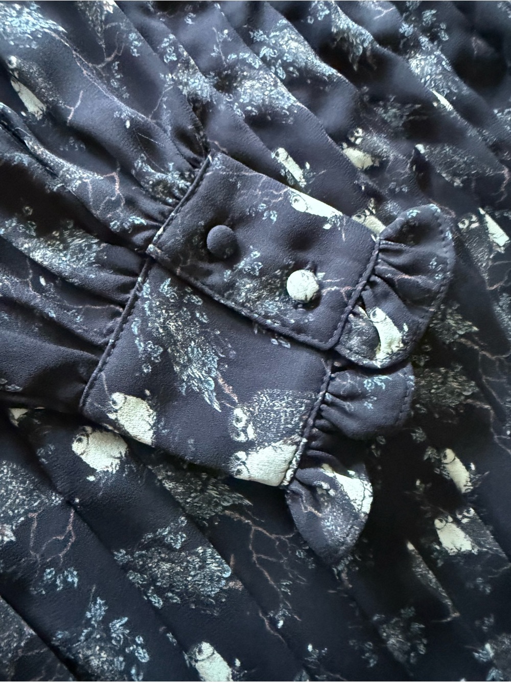 Brooks Brothers Long-Sleeve Black Floral Ruffle owl print Neck Dress. - Picture 9 of 14